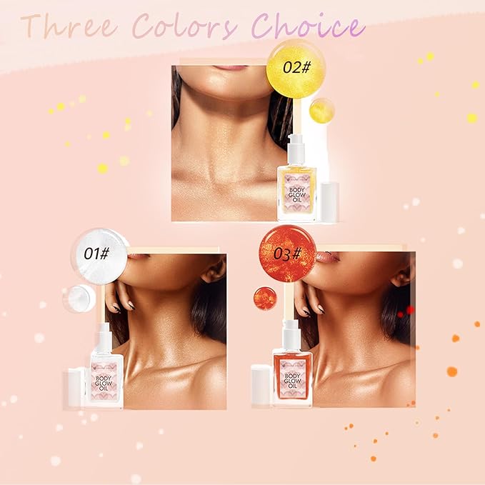 Shimmer Body Oil, Body Luminizer 3 Colors Hydrating Body Shimmer Oil Sparkle and Shine Hydrating and Nourishing Body Glitter Oil 1.05 Floz