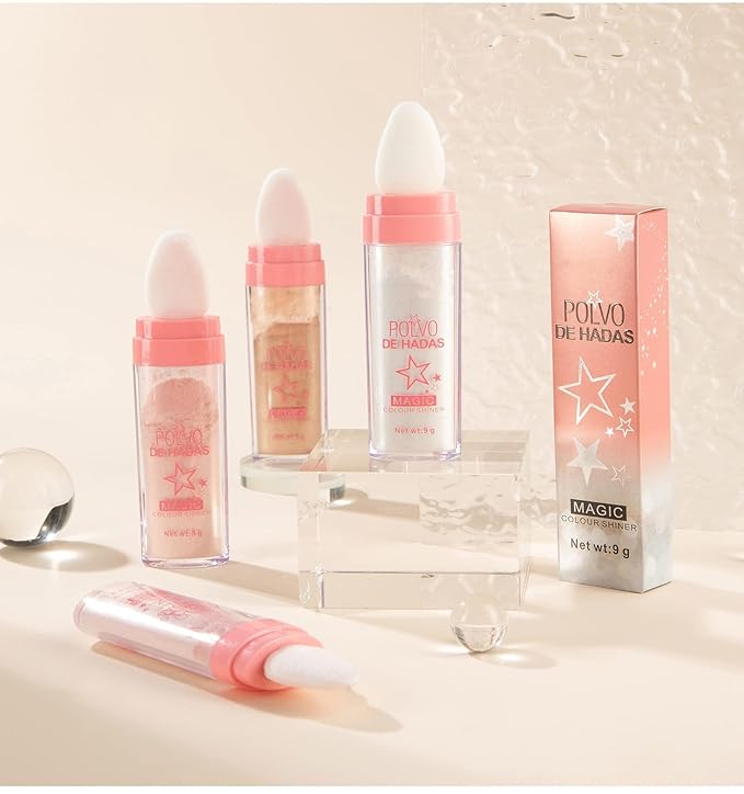 AKARY Body Glitter, Fairy Polvo De Hadas Shimmer Face Highlighter Powder & Blush Stick, Instant Glow Luminizer Duo, Glitter Face Hair High Gloss, Sparkle Smudge-Proof Highlighter Stick Party Makeup (#02 Fairy Pink)