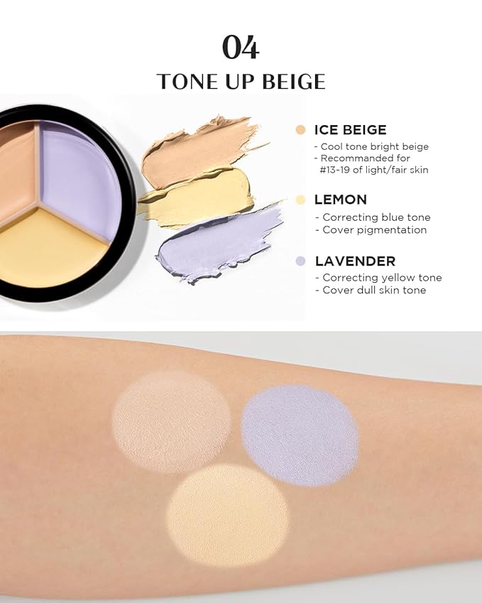 THESAEM Cover Perfection Triple Pot Concealer 03 Correct Up Beige + 04 Tone Up Beige - for Fair to Light Skin Tone - 3 Color Full Coverage - Covers Pigmentation and Blemish Spots, Corrects Skin Tone