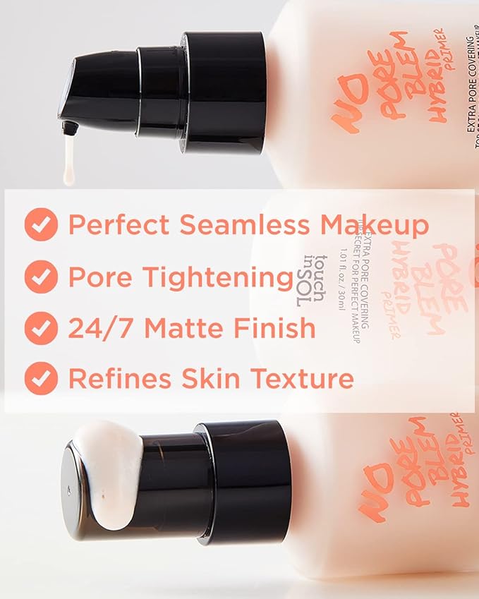 TOUCH IN SOL No Poreblem Hybrid Primer + Redness Correcting Base Set - Extra Pore Covering Matt Finish Sebum and Shine Control - Tone Neutralizing before Foundation, 1.01 + 1.01 fl.oz.