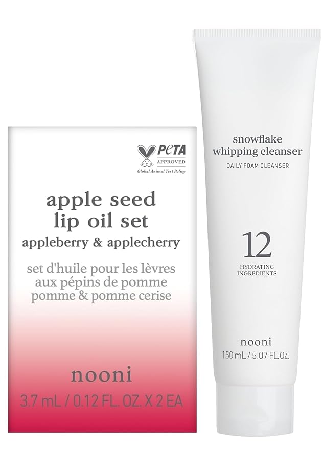 NOONI Korean Vegan Appleseed Lip Oil Set - Appleberry & Applecherry + Korean Facial Clenaser - Snowflake Whipping Cleanser 5.07 Fl Oz Bundle