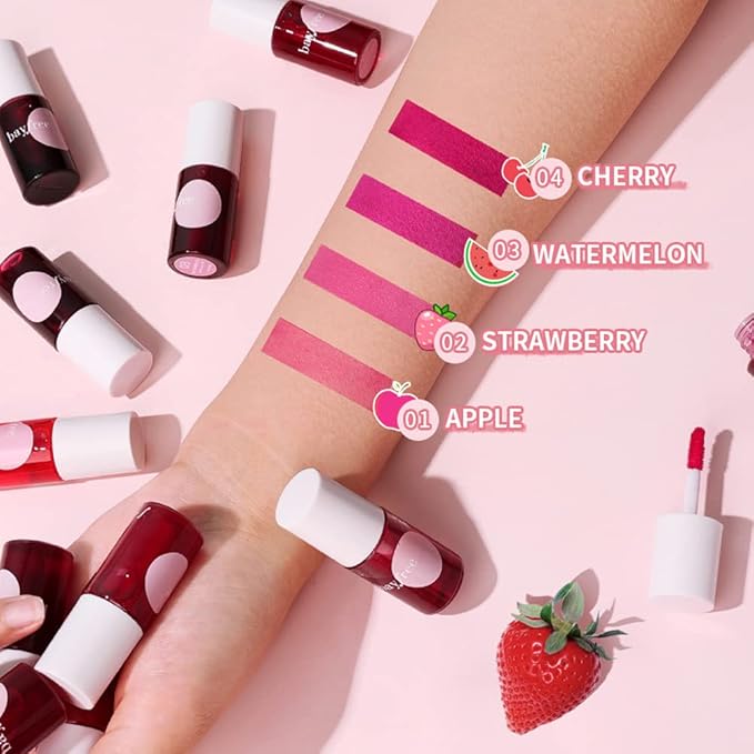2 Colors Lip Stain Tint Set,Liquid Lipstick Mini Velvet Lip Tint Hydrating Lip Stain Moisturizing Long Wear Lip Gloss Makeup (2#Strawberry+4#Cherry)