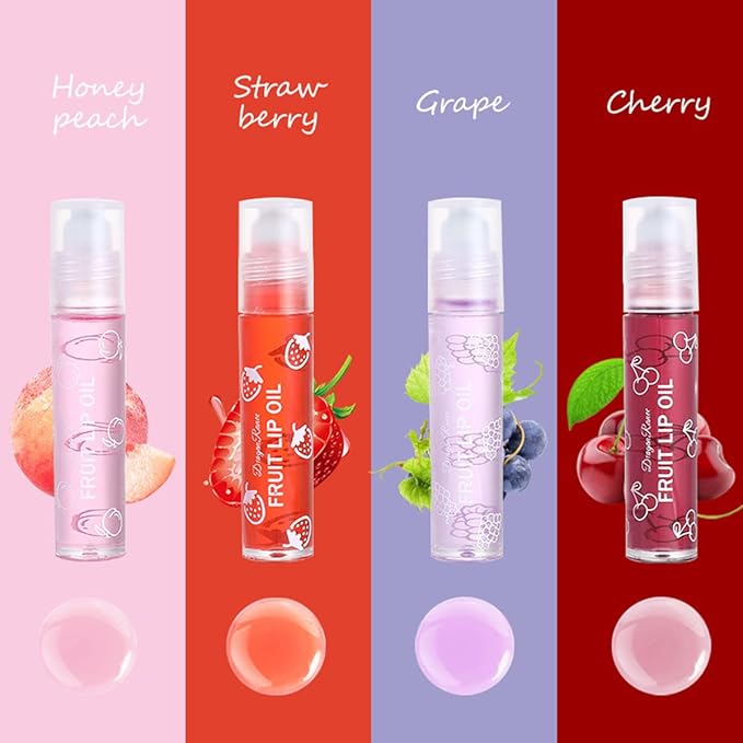 4 Pcs Fruit-Flavored Lip Gloss Set,Transparent Colorless Moisturizing Plumper Lip Lotion Rolling Ball Lip Oil Liquid Lipstick