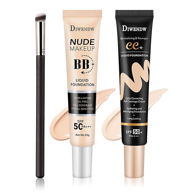 2PCS Full Coverage Concealer Foundation Set,Moisturizing BB Cream,Long Lasting Hydrating Lightweight CC Cream with Makeup Brush,Oil Control Face Moisturizer SPF 50 PA++++ Sunscreen(A)