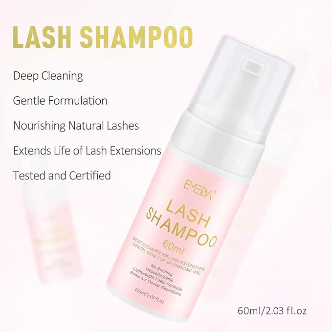 EMEDA Lash Shampoo for Lash Extensions 60ml / 2 fl.oz Eyelash Extension Cleanser Oil Free Foam Soap Lash Bath for Cluster Lashes Wash Oil Dustcare, Gentle Lash Cleaning Kit with Rinse Bottle Brush