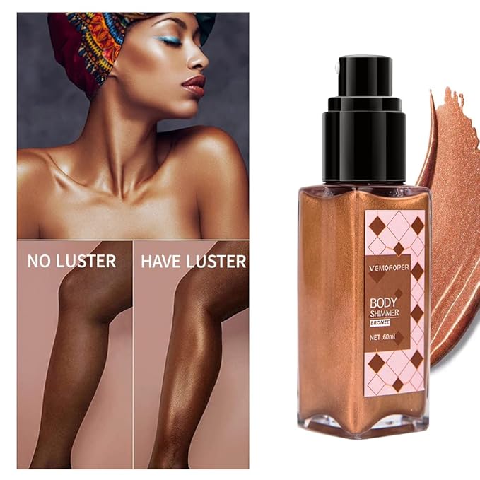 Body Glow Shimmer Body Oil Liquid Highlighter, Bronzer Shimmering Body Lotion Glitter Luminizer Moisturizing Waterproof, Natural Skin Shimmer For Body and Face Makeup Women Men (60ml/2 oz)