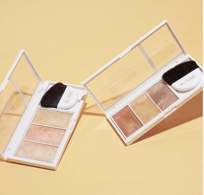 FLOWER Beauty By Drew Barrymore Shimmer & Strobe Highlighting Palette - Glowing Bronzer Powder Kit For Face - Blendable Coverage - Skintones - 3 Enhancing Colors - Strobe Brush Included (Sunkissed Shimmer)
