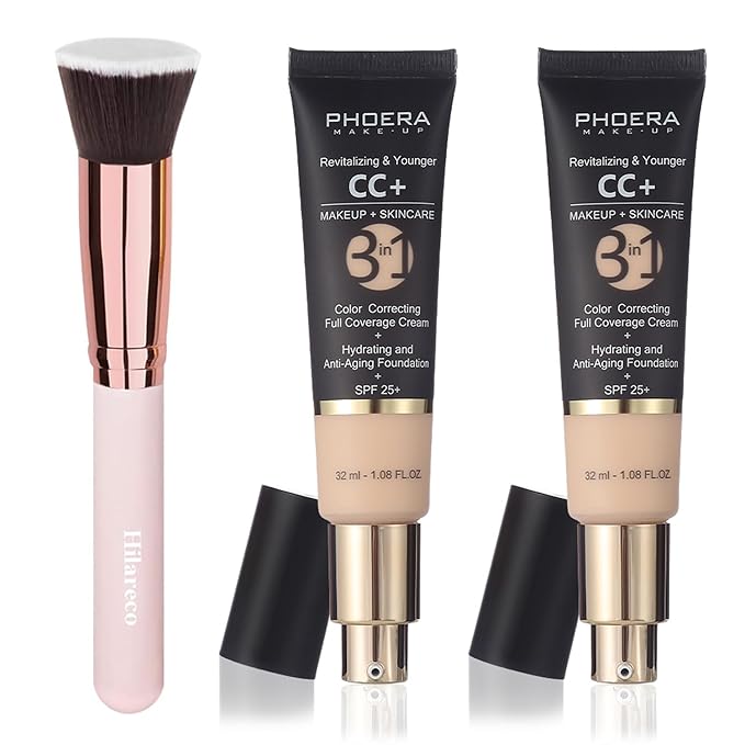 PHOERA CC Cream Foundation With SPF,PHOERA Full Coverage Foundation Color Correcting Cream,Anti Aging Hydrating Serum & SPF 25+ Sunscreen Natural Finish1.08 floz (2PCS 100 Porcelain)