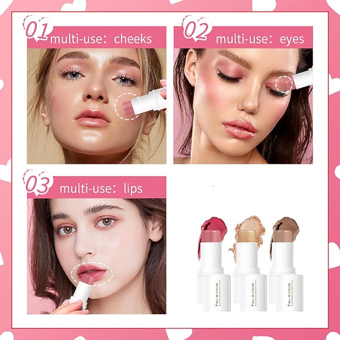Makeup Sticks Set, Matte Cream Blush Stick for Cheeks, Eyes and Lips, Contour Stick & Highlighter Makeup Sticks for All Skin (Blush, Highlighter & Contour)