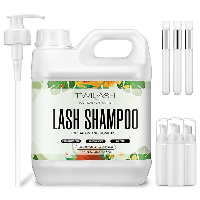 Lash Shampoo Bulk, Eyelash Cleanser for Extensions 2 Liters - 3 Foam Pump Bottles, 3 Lash Cleansing Brushes, Dispenser Pump - Eyelid Foaming Cleanser for Professional Salon and Home Use