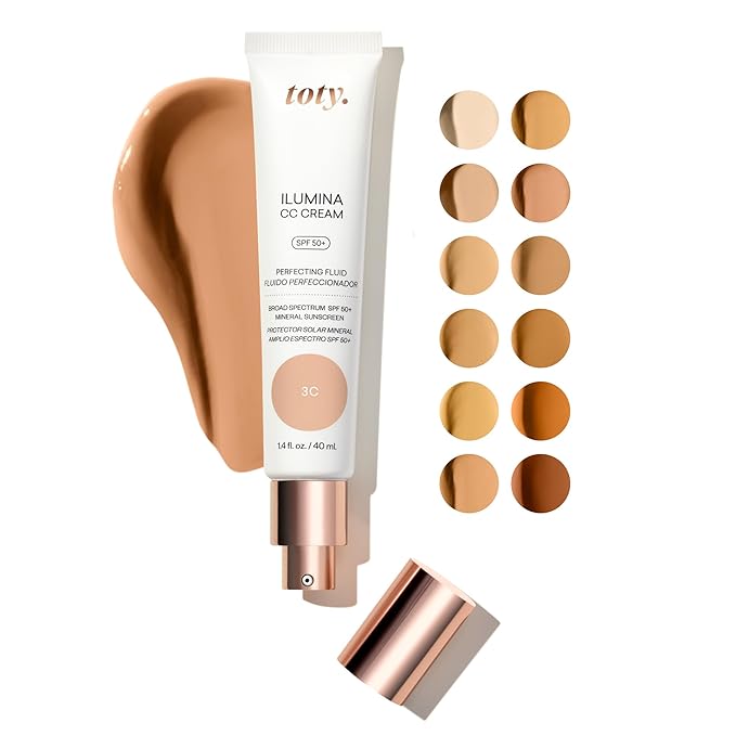 Toty by Sofia Vergara - Ilumina CC Cream 100% Mineral Color Correcting Cream + Ilumina CC Creamy Compact Mineral Broad Spectrum Sunscreen + Angled Complexion & Foundation Blending Brush - 3C