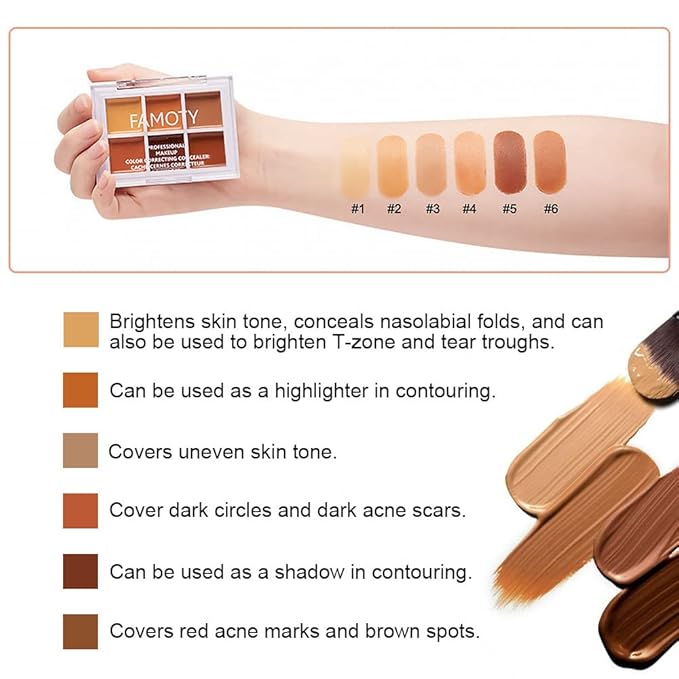 A3 6 Color Correcting Concealer Palette With Concealer Brush, Cream Contouring Makeup Kit, Corrects Dark Circles, Red Marks, Scars, Light to Medium or Creamy Finish