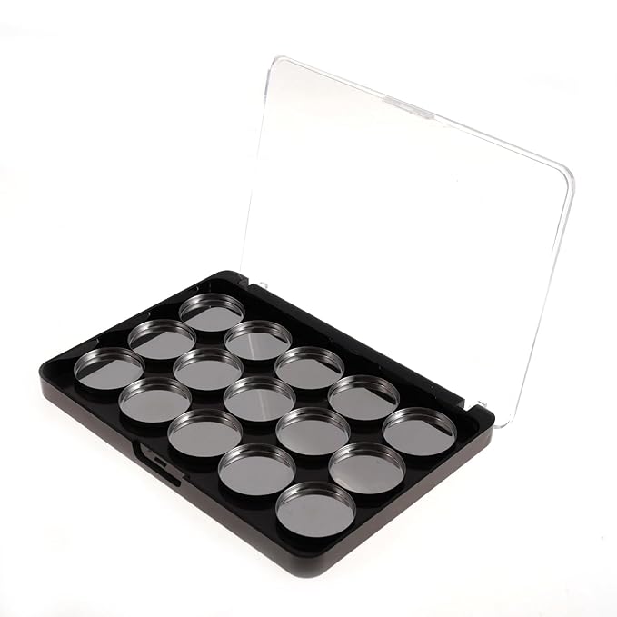 VANANA Magnetic Makeup Palette, DIY Empty Eyeshadow Blush Highlighter Cosmetics Case Holder Tray (Black (Clear Lid), 14x10cm - Palette & 15Pcs Round Pan)