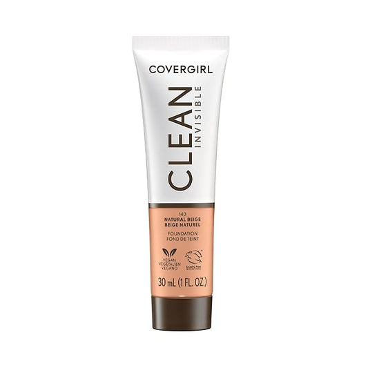 COVERGIRL Clean Invisible Foundation Makeup, Dewy & Glowy Finish, Buildable Coverage, Skin-Like Smooth Look, Vegan, Natural Beige, 1oz