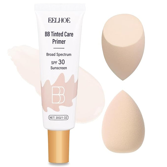 BB Cream Tinted Moisturizer with SPF 30–Lightweight BB Blur Tineted Care Primer,Hydrating Tinted Sunscreen for Face,Full-Coverage Skin Tint Makeup for All Skin Types with 2PCS Sponge (01 Ivory)