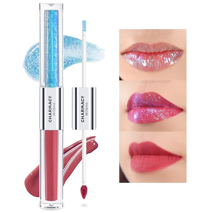 CHARMACY Multichrome Double Head Non-Stick Lip Gloss, Metallic Colourful Lip Glaze, Anti-transfer, Long Lasting Waterproof Liquid Lipstick Makeup (#02)