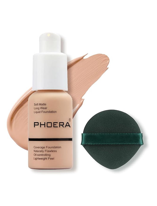 PHOERA Foundation Makeup, Flawless Soft Matte Oil Control Liquid Foundation, Full Coverage Mattle Oil-Control Concealer for Older Women, Great Choice For Gift (#103 Warm Peach)