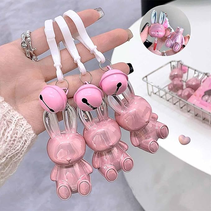 2Pcs Velvet Matte Lip Gloss Set,Cute Pink Rabbit Lip Glaze 2 in 1 Key Chain Liquid Lipstick,Non-Stick Cup Long Lasting Waterproof Bunny Lip Stain,Cute Lip Makeup for Girls