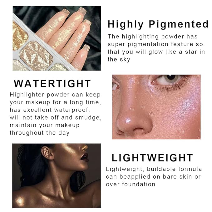 8 Colors Face Body Cheek Diamond Shimmer Highlighter Palette - Gold Shimmer Blush Bronzer and Makeup Powder C01