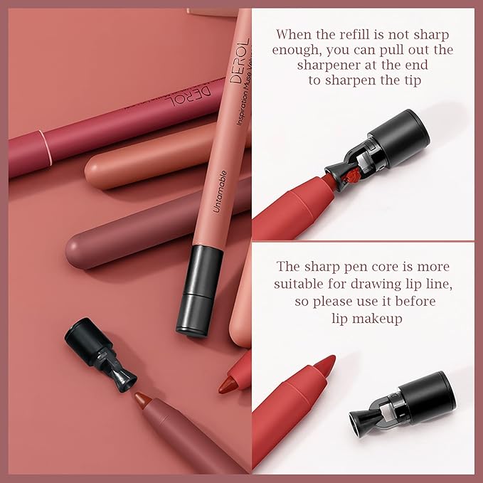 Lip Liner Pencil, Long Lasting Waterproof Creamy Lip Liner Pencil with Sharppens, Non-Fade, Non-Dry, High Pigmented, UP TO 12 HOURS, Professional Lip Makeup Matte Lip Liner Pencil for Women (06# FALL INTO)