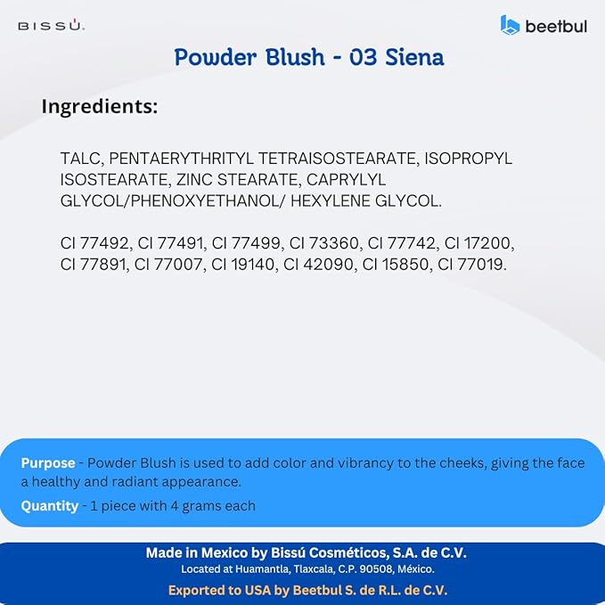 Bissú Blush 4g c/u, Intense Pigmentation, Soft Texture, Matte and Satin Finishes (03 Siena)