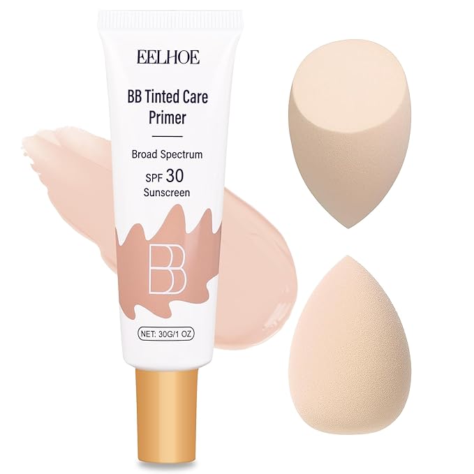 BB Cream Tinted Moisturizer with SPF 30–Lightweight BB Blur Tineted Care Primer,Hydrating Tinted Sunscreen for Face,Full-Coverage Skin Tint Makeup for All Skin Types with 2PCS Sponge (02 Natural)