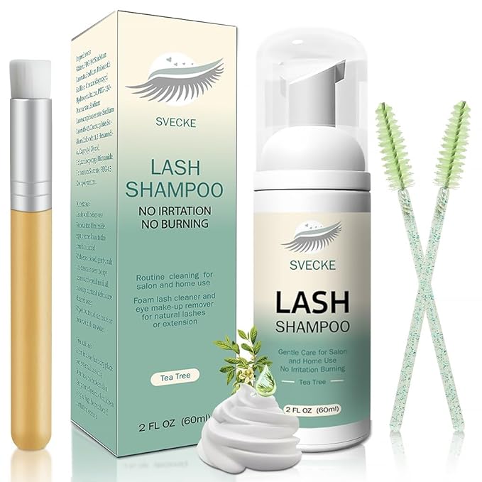 Lash Shampoo Kit for Eyelash Extension, Eyelash Shampoo 2 fl.oz / 60ml, Eyelash Extension Cleanser, Lash Eyelid Foam Cleaning Kit for Salon Use and Home Use (Tea Tree)