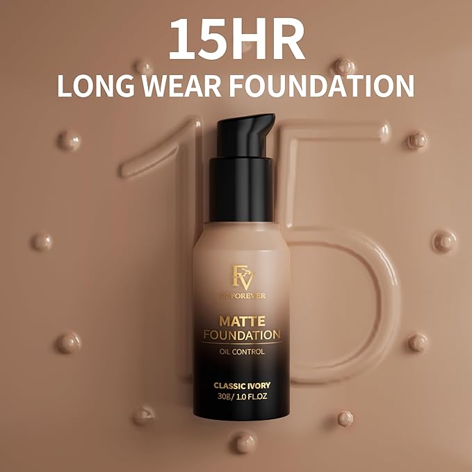 FV Full Coverage Liquid Foundation, Lightweight & Concealing, Long Lasting Matte Foundation Makeup with Flawless Finish, Oil Control Waterproof Foundation for Oily Skin (Classic Ivory Matte)