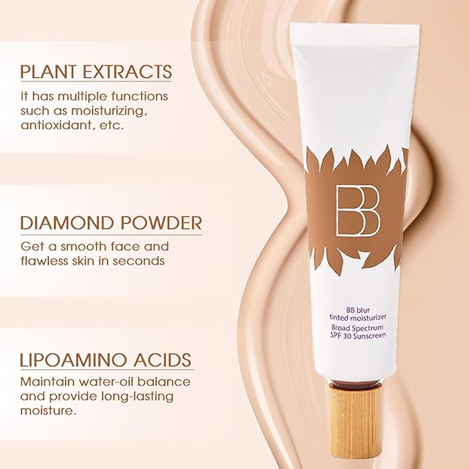 BB Cream Tinted Moisturizer With Spf, Tinted Moisturizer For Face, BB Tinted Care Primer With Brush, Spf Primer For Broad Spectrum Protection, Waterproof, Sweatproof (Natural, Brush*1)