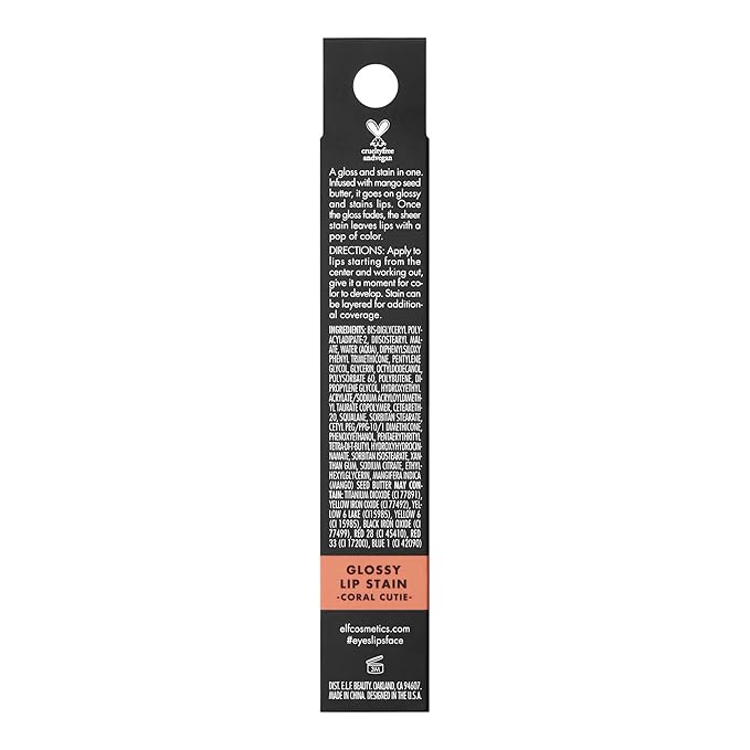 e.l.f. Glossy Lip Stain, Long-Lasting, Lightweight Lip Stain For A Sheer Pop Of Color & Subtle Gloss Finish, Vegan & Cruelty-Free, Coral Cutie