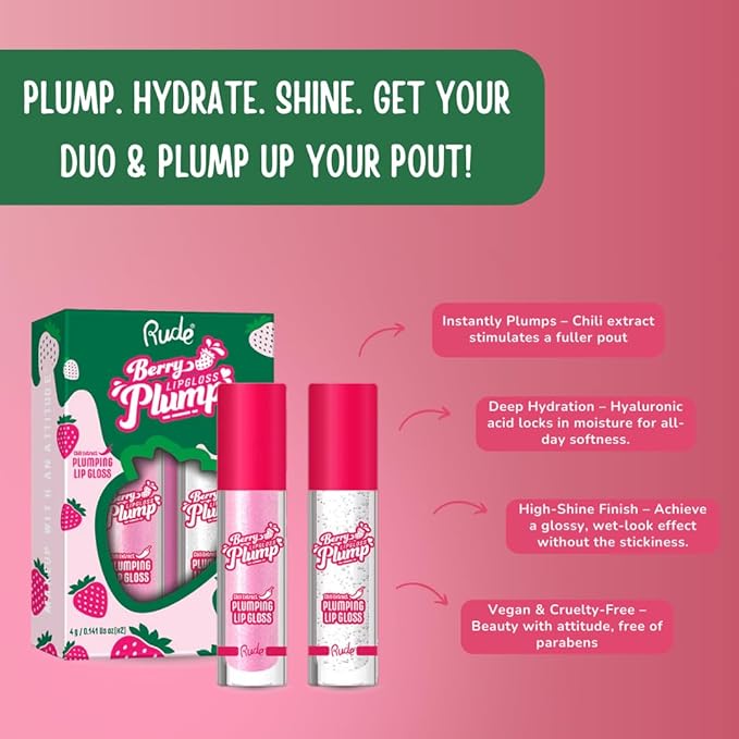 RUDE Cosmetics Berry Plump Lip Plumper Set, Plumping Lip Gloss for Women, Hydrating Cute Lipgloss Plump with Hyaluronic Acid, Shea Butter, Vitamin E & Chili Extract, Vegan, Pink Sugar & Clear