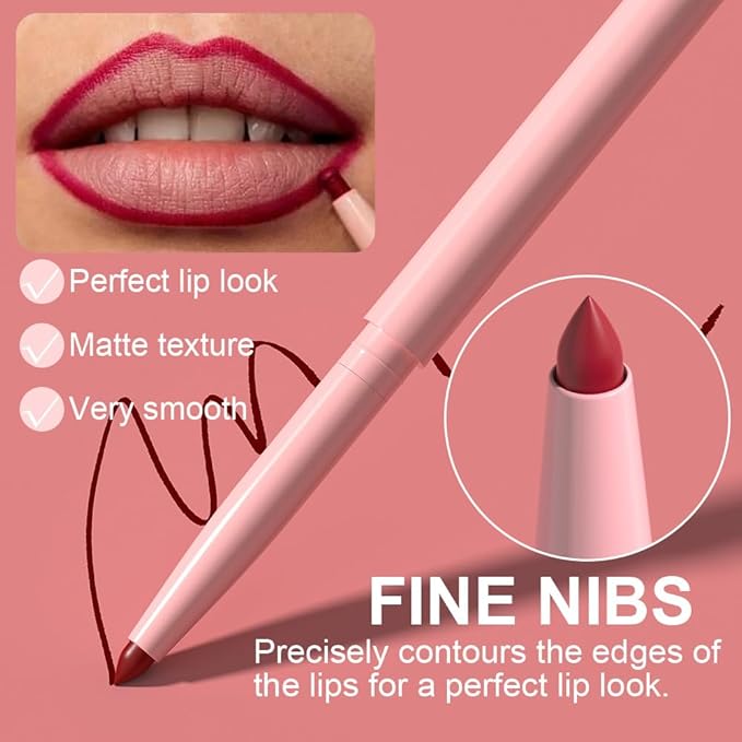 Kaely 6Pcs Retractable Lip Liner Pencils Set for Shaping & Sculpting Lips, Ruby Mauve Red Rose Nude Pink Plum Purple Taupe Brown Creamy Matte Velvet Pigmented Rich Lip Colors Liner Crayon Lipstick 02