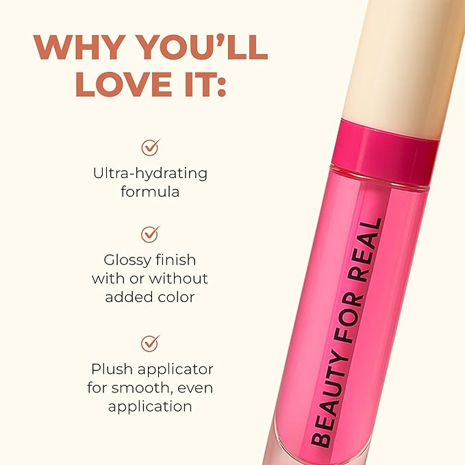 Beauty For Real Lip Revival Hi-Shine Hydrating Lip Oil, Raspberry Beret (Transparent Pink) - Lightweight - Non-Sticky, Shiny Finish - Paraben Free, Cruelty Free, Vegan