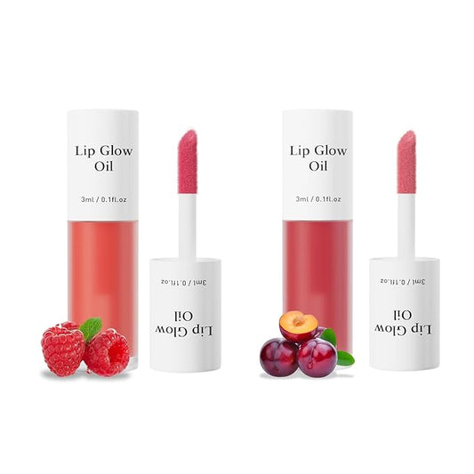 Hydrating Lip Glow Oil - 2PCS Tinted Moisturizing Lip Gloss Plumping Long-Lasting Shiny Fruit Flavor Lip Stain, 0.10 Fl Oz (Raspberry&Red Plum)