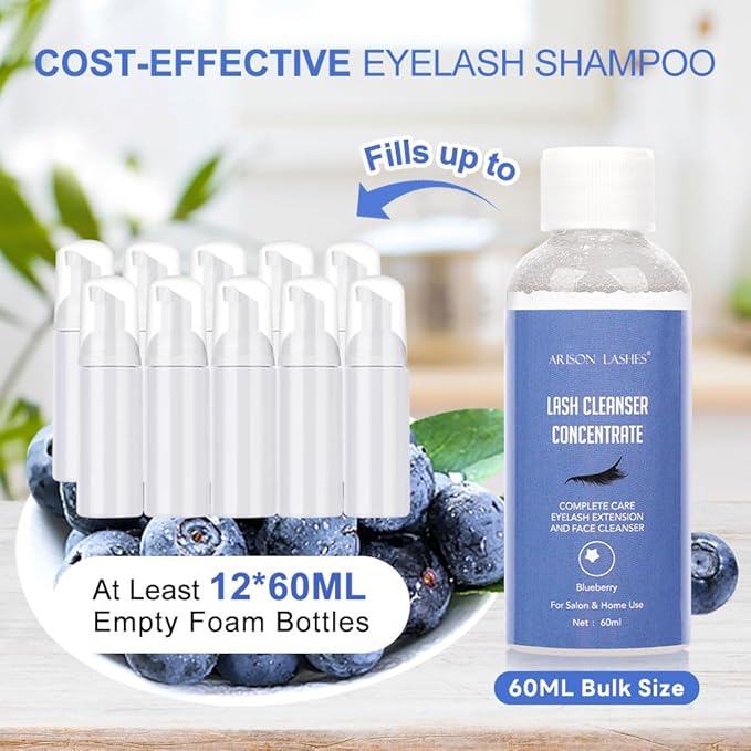 Eyelash Cleanser Concentrate 60ml Professional Lash Extensions Shampoo Natural Foaming Cleanser for Extensions Lashes with Salon Home Care-Makes 12 Bottles 60ml Eyelash Shampoo (Blueberry)