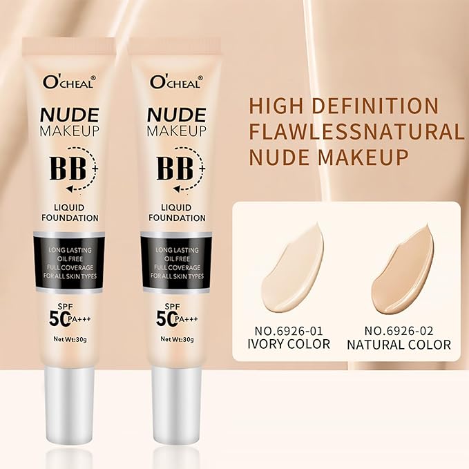 O'CHEAL BB Cream with SPF 50+ | Full Coverage Tinted Moisturizer with Buildable Concealer Powder Foundation, Oil-Free, Hydrating & Matte Finish | Vegan, Cruelty-Free, for All Skin Types(Natural)