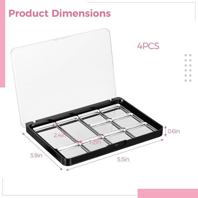 4 Pcs Adsorptive Makeup Palettes, Empty Eyeshadow Organizer with Clear Lid, 10 Grids Eyeshadow Tray with Removable Square Metal Pans for Lipstick Blush Powder (Not Included Eyeshadow Powder)