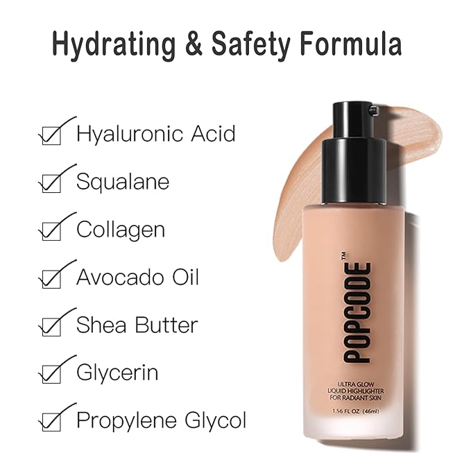Ultra Glow Liquid Highlighter Makeup for A Glowing Skin, Soft-Focus Look, Enriched with Hydrating Squalane Oil - Wear Alone or Under Makeup, Vegan & Cruelty-Free(1.56 oz)