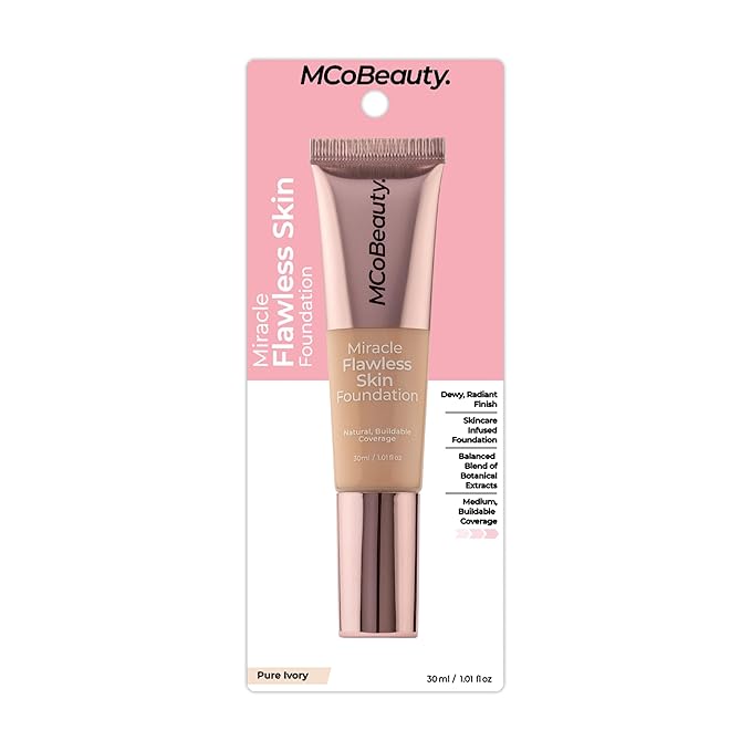 MCoBeauty Miracle Flawless Skin Foundation, 1 Pure Ivory, Natural, Buildable Coverage for All-Day Wear, Vegan, Cruelty Free Cosmetics
