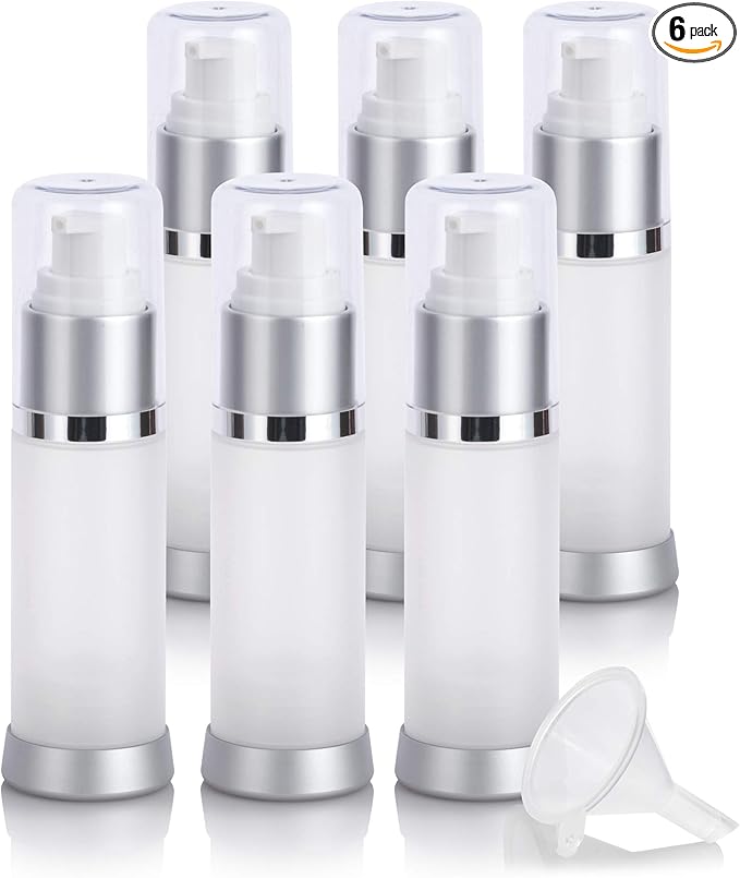 JUVITUS (6 PACK) 1 oz / 30 ml Frosted Airless Acrylic Foundation Bottle with Clear Cap + Funnel