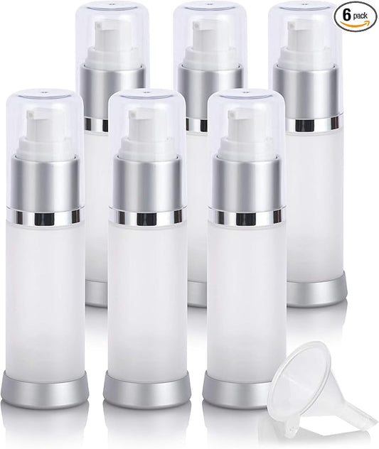 JUVITUS (6 PACK) 1 oz / 30 ml Frosted Airless Acrylic Foundation Bottle with Clear Cap + Funnel