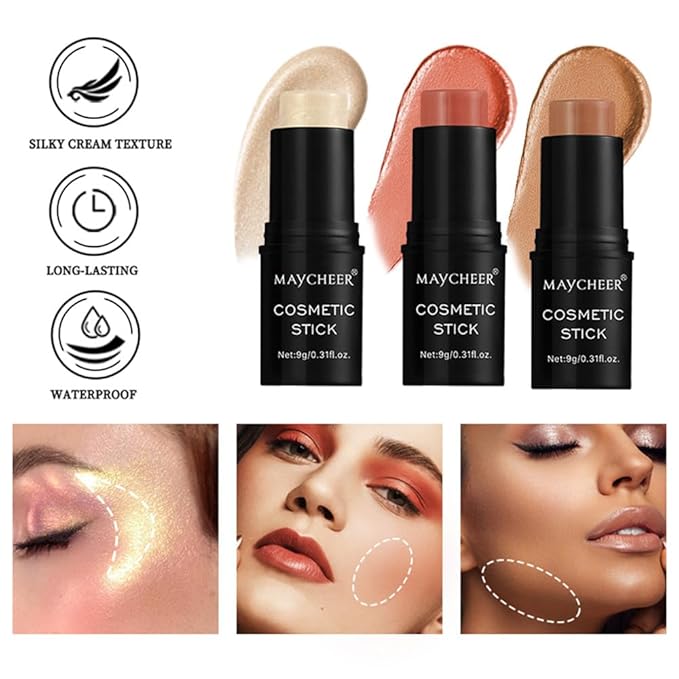 LAMUSELAND Cream Contour Stick Makeup Set, 3 Shades Face Blush Bronzer Contour Pen, Waterproof Long-lasting Matte Highlighter Stick for Fair Dark Skin (A, 3)