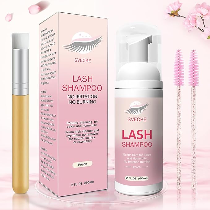 Lash Shampoo Kit for Eyelash Extension, Eyelash Shampoo 2 fl.oz / 60ml, Eyelash Extension Cleanser, Lash Eyelid Foam Cleaning Kit for Salon Use and Home Use (Peach)