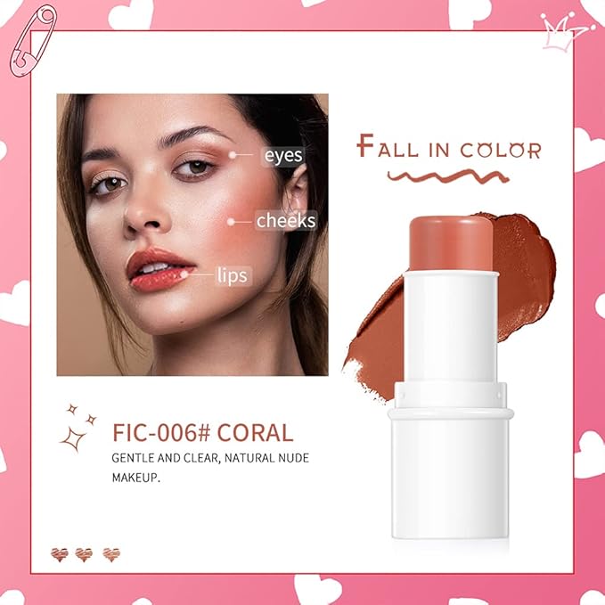 Blush Stick, Matte Cream Blush Stick for Cheeks, Eyes and Lips Natural Makeup Waterproof Long Lasting(06 Coral)