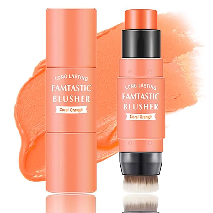 Cream Blush Stick,Blush Stick for Cheeks with Contour Brush,3-in-1 Long Lasting Waterproof Blush&Eye Shadow&Lip Gloss for Natural Skin Types(03 Citrus Pink)