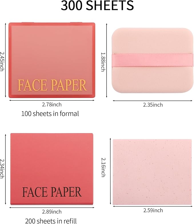 Erinde Oil Blotting Sheets for Face with Mirror and Puff, 300 Sheets Oil Blotting Paper for Oily Skin, Face Oil Absorbing Sheet, Natural Oil Control Film, Absorb Excess Oil, Makeup Friendly
