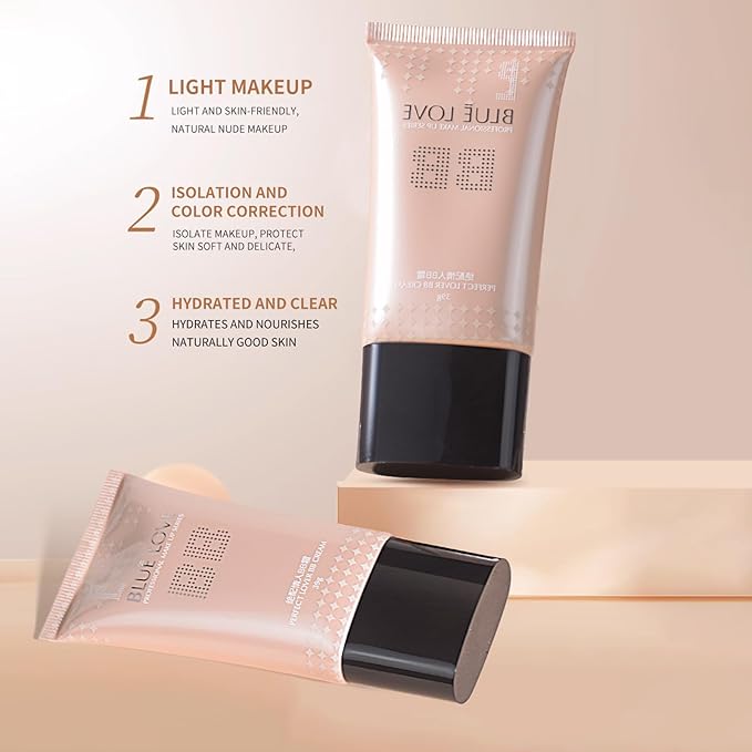 BLUE LOVE BB Cream - Lightweight Tinted Moisturizer & Liquid Foundation, Sheer Coverage Concealer Makeup, Hydrating Skin Tint for All Skin Types. 2.13 Fl Oz (Natural Color)