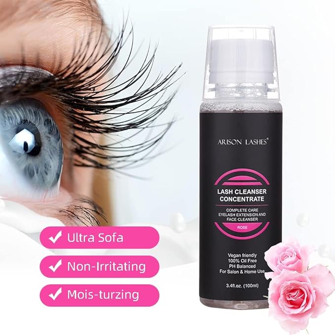 ARISON LASHES Lash Shampoo Concentrate for Lash Extensions Eyelash Cleanser Concentrate Oil-Free Eyelash Extension Shampoo with Salon Home Care(100ML Rose)