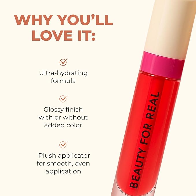 Beauty For Real Lip Revival Hi-Shine Hydrating Lip Oil, Strawberry Fields (Transparent Red) - Lightweight - Non-Sticky, Shiny Finish - Paraben Free, Cruelty Free, Vegan