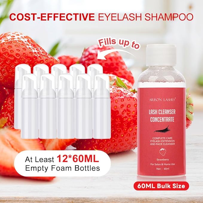 Eyelash Cleanser Concentrate 60ml Professional Lash Extensions Shampoo Natural Foaming Cleanser for Extensions Lashes with Salon Home Care-Makes 12 Bottles 60ml Eyelash Shampoo (strawberries)